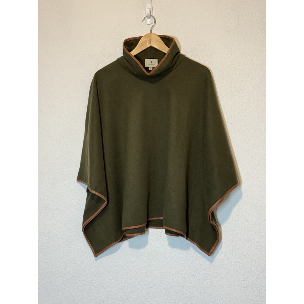 TUCKERNUCK Piper Poncho OS One Size Green Leather Trim Funnel Neck Topper Classy